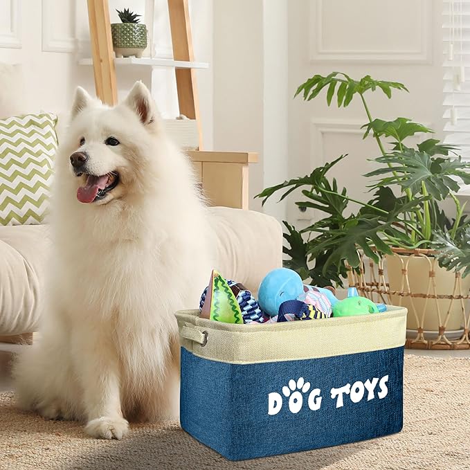 PET ARTIST Dog Toy Basket, Collapsible Dog Toy Bin Box with Comfortable Handles, Large Pet Toy Storage Basket Organizer for Accessories, Toys, Coat & Clothing, Blanket & Leash, Navy Blue, 15"x11"x9"