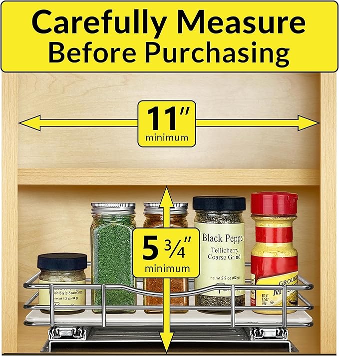 LYNK PROFESSIONAL® Pull Out Spice Rack Organizer for Inside Kitchen Cabinets - 10-3/8 inch Wide - Slide Out Drawer – Chrome Sliding Spice Organization for cabinet - Spice Racks - 1 Tier