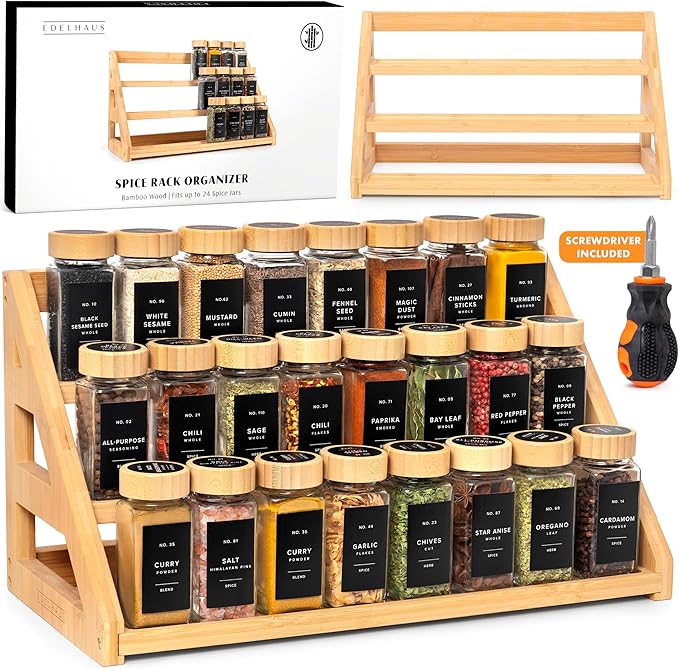 3 Tier Bamboo Spice Rack Organizer for Cabinet – Fits 24 Spice Jars, 17.5” Wide Countertop & Cabinet Organizer for Kitchen Organization, Seasoning Organizer Shelf (Jars Not Included)