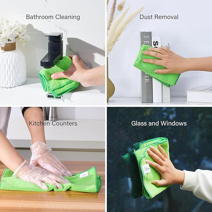 Ninia Microfiber Cleaning Cloths, 12 Pack Green 35x35cm, 350 GSM Thick & Absorbent, Lint-Free & Scratch-Safe Towels for Kitchen, House, Car, Glass & Electronics