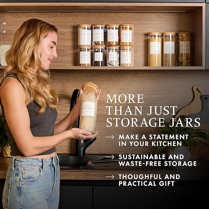 Livabl Glass Pantry Storage Containers with Lids- 420 Pantry Labels– Set of 12 (8 x 20oz& 4 x 34oz) Glass Canisters with bamboo lids-Perfect Pasta Storage Containers-AIrtight-Kitchen Canisters
