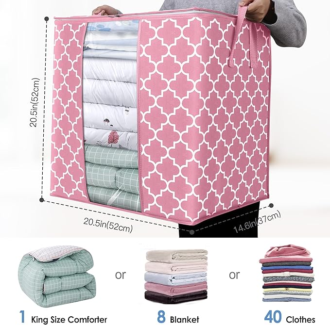WISELIFE Storage Bags 2 Pack/100L Large Blanket Clothes Organization and Storage Containers for Comforters,Bedding, Foldable Organizer with Reinforced Handle, Clear Window, Sturdy Zippers,Pink