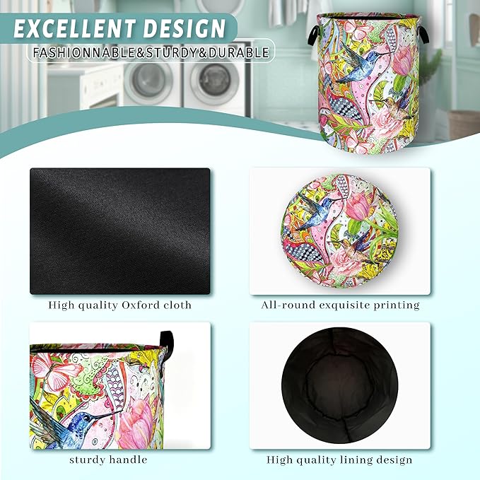 Boho Hummingbird Laundry Basket Pink Flowers Floral Laundry Hamper Foldable Oxford Cloth Birds Colorful Tote Bag Clothes Toy Storage Bucket For Bathroom/Laundry Storage/Bedroom 18.9 x 16.5 Inch