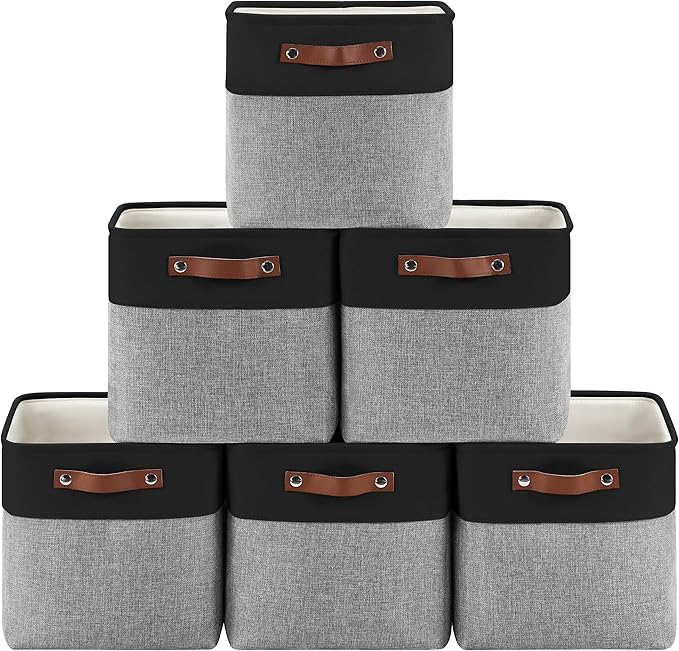 6-Pack Foldable Fabric Storage Cubes 11x11 Inch, Sturdy Cube Organizer Bins with Leather Handles, Storage Baskets for Closet Shelves and Home Organization(Black/Gray)
