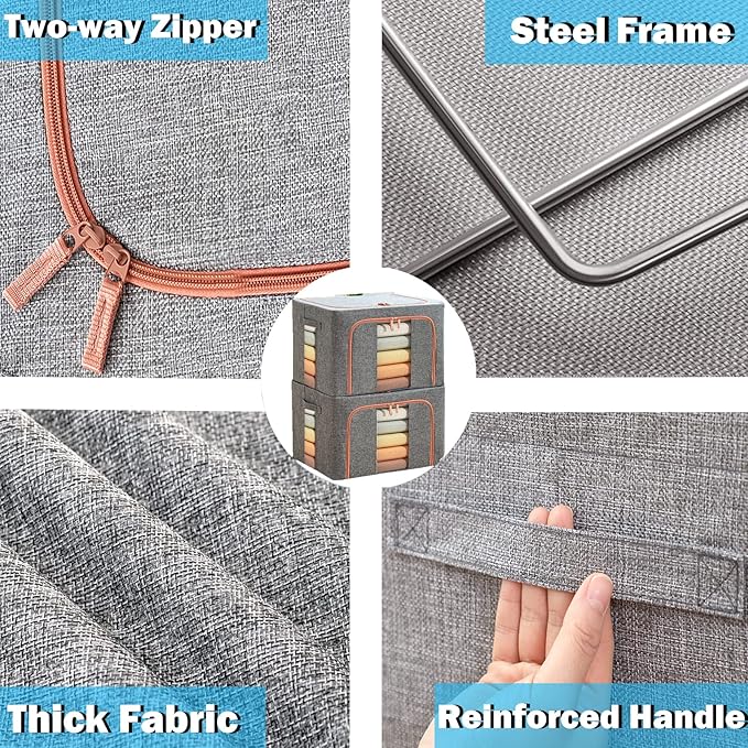 SWEERI Extra Large Clothes Storage Bins with Metal Frame, Foldable Organizer for Home Organization, 2-Way Zipper, Clear Window Storage Bags for Clothes, Bedding, Seasonal Storage, 100L x 3Pack