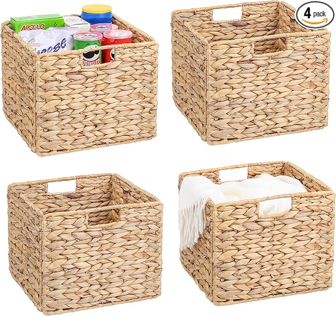 12x12x10 Water Hyacinth Storage Basket Large, Folding Cube Woven Wicker Storage Basket for Shelves, Pantry Baskets Organization and Storage, Large Rattan Basket Set of 4