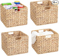 12x12x10 Water Hyacinth Storage Basket Large, Folding Cube Woven Wicker Storage Basket for Shelves, Pantry Baskets Organization and Storage, Large Rattan Basket Set of 4