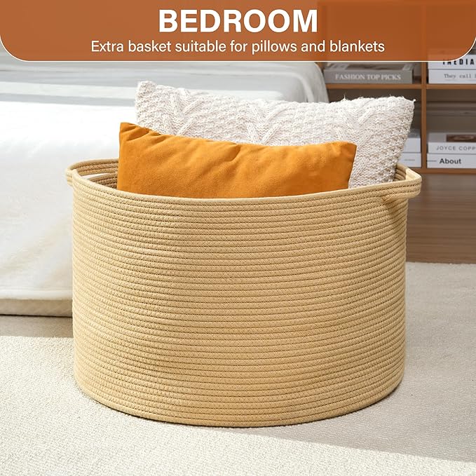 Foldable Laundry Hamper Basket with Collapsible Handle Cotton Rope Soft Woven Fabric Storage Organizer Clothes Toys Nursery Bedroom Dorm Space Saving Bin (Camel, 115L(23.6"D x 15.7"H))
