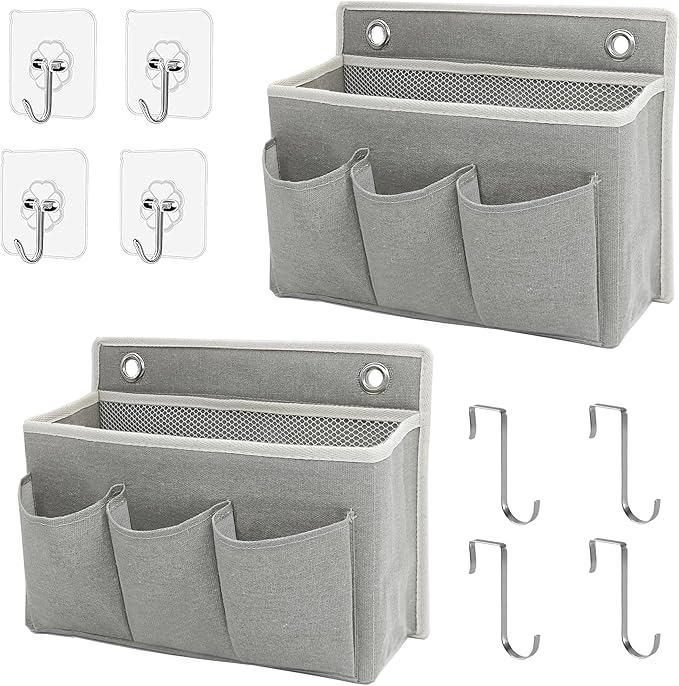 Someteth 2-Pack Wall Hanging Organizer Bag/Hanging Baskets with Large Mesh Compartment & 3 Pockets，Over the Door Organizer Space Saving Storage for Bedroom,RV Camper, Closet (Gray -2 Pack)