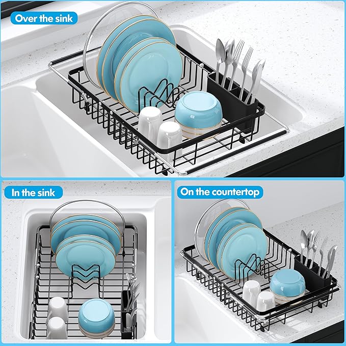 JASIWAY in Sink Dish Drying Rack, Expandable Stainless Steel Dish Drainers for Kitchen Sink, Over Sink Dish Drying Rack with Utensil Holder, 13.4''~16.9''D x 11.8''W, Black