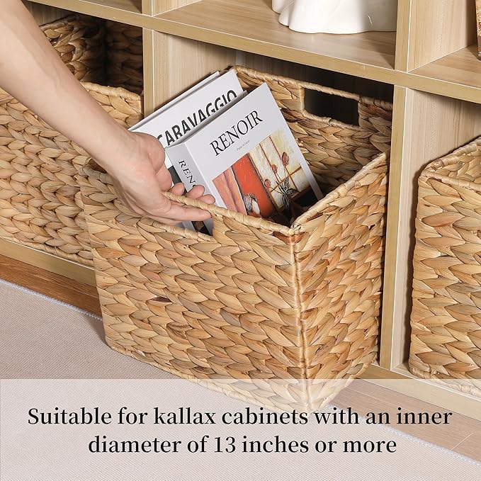 12x12x10 Water Hyacinth Storage Basket Large, Folding Cube Woven Wicker Storage Basket for Shelves, Pantry Baskets Organization and Storage, Large Rattan Basket Set of 4