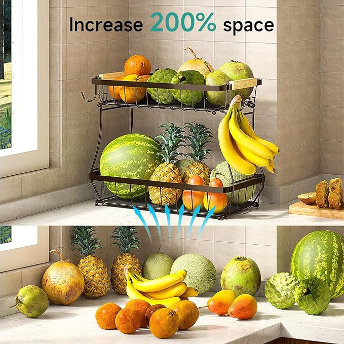 2 Tier Large Fruit Basket for Kitchen Counter with 2 Mobile Banana Hangers, 2026 Pro Detachable Metal Fruit Bowl with Wooden Handle (Brown, 2 Tier)
