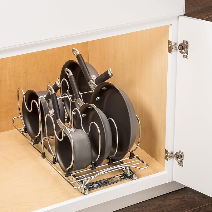 LYNK PROFESSIONAL® Pot and Pan Organizer for Cabinet - Pull Out Pan Organizer Rack - Slide Out Pans and Pots Lid Drawer - Under Cabinet Kitchen Organization and Sliding Storage - 11" W x 21" D, Chrome