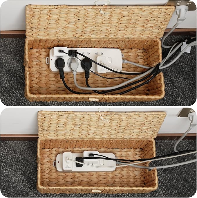Posprica Cable Management Box with Lid, 2Pack Handwoven Real Water Hyacinth Cord Hider Organizer Boxes, 2 Side Open Slots Storage Box to Hide Cords Power Strip for Desk, Floor, Office