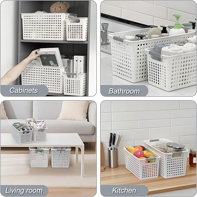 Soddeph Slim Plastic Storage Basket with Handles, Narrow Organizer box for Shelves, Organizer box for Organizing, Kitchen,Home,Office (White, Large)