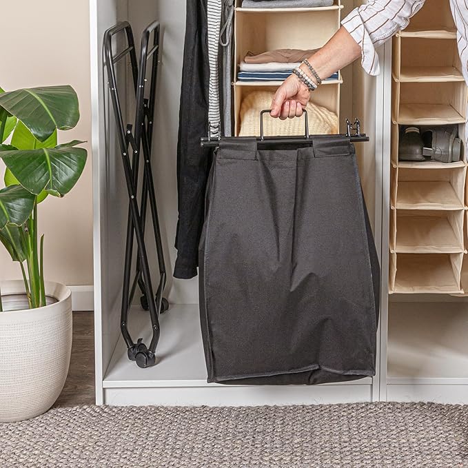 Household Essentials Rolling Laundry Hamper, Heavy Duty Canvas Bag, 2 Load Capacity, Foldable Frame, Black Bag with Velcro Fasteners, Black