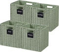UBBCARE 4 Pack Wicker Basket, 12×12 Storage Cubes with Label, Foldable Cube Storage Bin with Handle, Square Storage Basket for Shelves, Woven Paper Rope Basket for Organizing, Dark Green