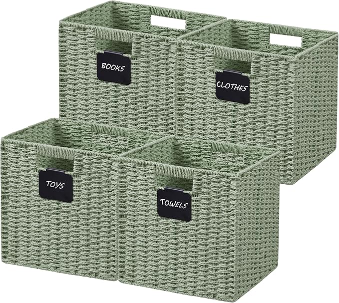 UBBCARE 4 Pack Wicker Basket, 12×12 Storage Cubes with Label, Foldable Cube Storage Bin with Handle, Square Storage Basket for Shelves, Woven Paper Rope Basket for Organizing, Dark Green