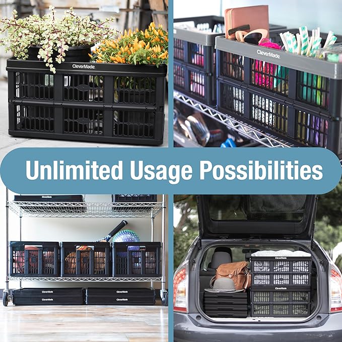 CleverMade Collapsible Utility Crates-Obsidian 3pck 45L / 11 Gal holds 66 lbs - Stackable Containers Heavy Duty Capacity Crates Space-Saving Baskets