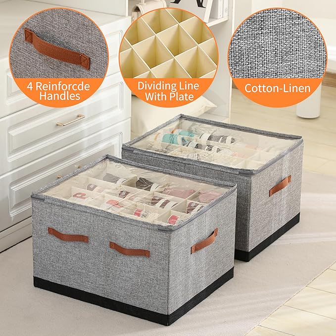 Shoe Organizer for Closet, Foldable Large Shoe Storage Box with Clear Cover, Removable Partitions and Bottom are Supported by Plastic Boards (Grey-Black, 20.5“Lx16.9 Wx13'H)