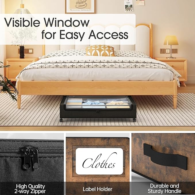 Yecaye Under Bed Storage with Wheels, 2Pack Under Bed Storage Containers, Underbed Shoe Storage Organizer, Rolling Under Bed Metal Drawers for Clothes, Blankets, Brown