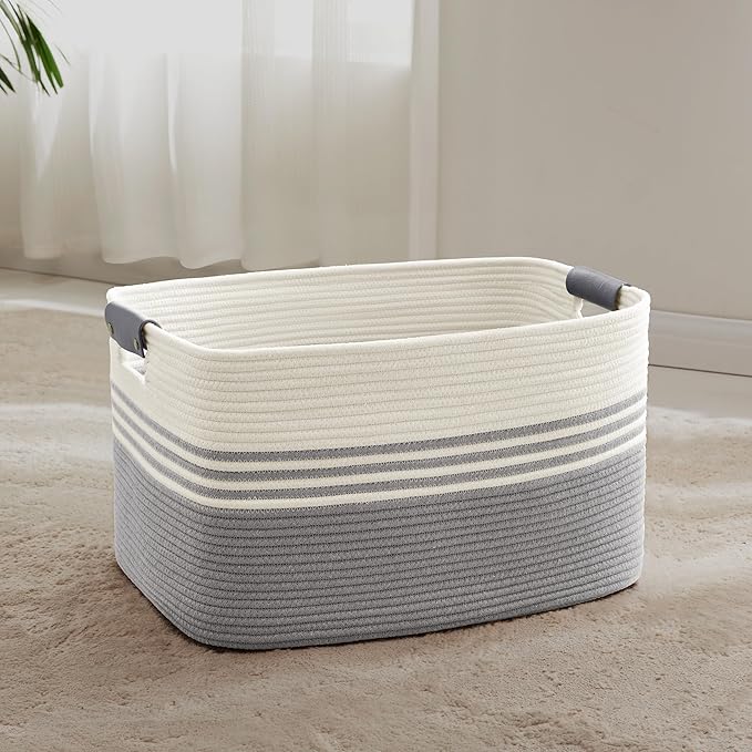 60L Large Laundry Basket with Leather Handles for Living Room Storage, Woven Rope Baskets Bin for Blanket, Kids Toy, Gifts, Wicker Hamper for Bedroom Dirty Clothes, 21"x15"x11" White Grey