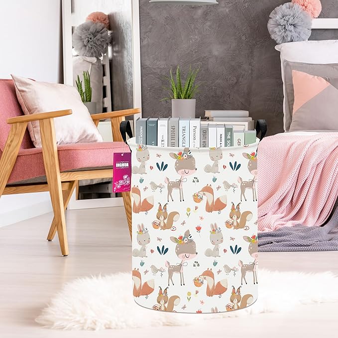 Laundry Hamper Large Canvas Fabric Lightweight Storage Basket/Toy Organizer/Dirty Clothes Collapsible Waterproof for College Dorms, Boys and Girls Bedroom,Bathroom(colorful animals)