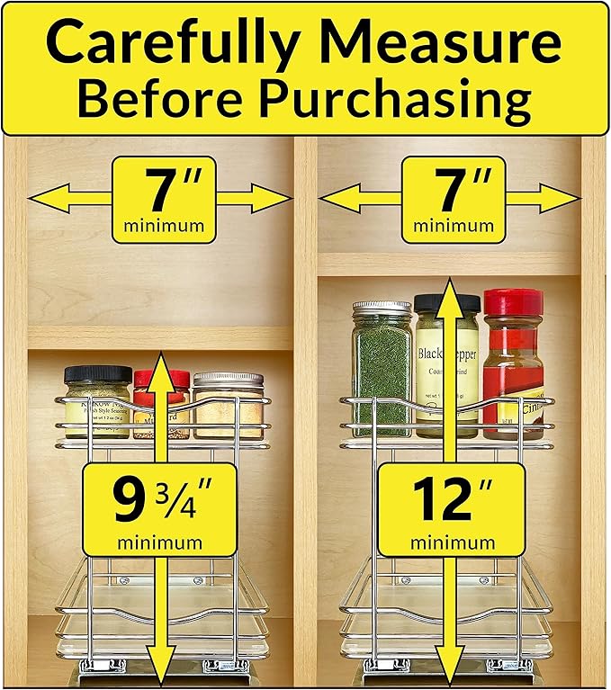 LYNK PROFESSIONAL® Pull Out Spice Rack Organizer for Inside Kitchen Cabinets - 6-3/8 inch Wide - Slide Out Drawer – Chrome Sliding Spice Organization for cabinet - Spice Racks - 2 Tier