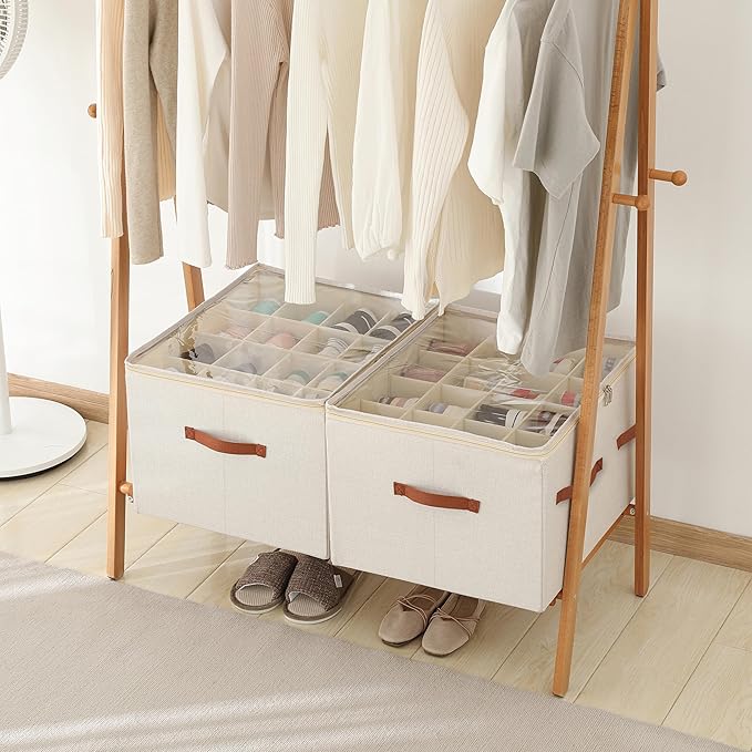 Shoe Organizer for Closet, Foldable Large Shoe Storage Box with Clear Cover, Removable Partitions and Bottom are Supported by Plastic Boards (Beige, 20.5“Lx16.9 Wx13'H)