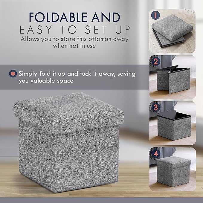 Ornavo Home Small Storage Ottoman Foldable Collapsible Cube Square Linen Ottoman Foot Rest Stool Seat, for Living Room, Bedroom, Home Office, Dorm - 12 x 12 x 12, Gray