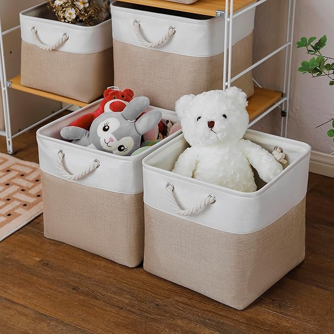 13 x 13 Inch Cube Storage Bins, 6 Pack Extra Large Collapsible Fabric Storage Bin with Ropes, Foldable Storage Cubes for Home (White & Beige-13"x13"x13")