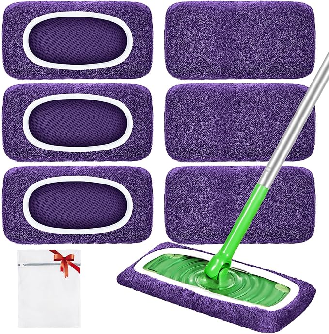 Reusable Mop Pads Compatible with Swiffer Sweeper Mop, Microfiber Wet Pads Refill & Machine Washable Dry Sweeping Cloths for Use on All Sealed Floors - Stone, Hardwood, Laminate & Tile (6 Purple)