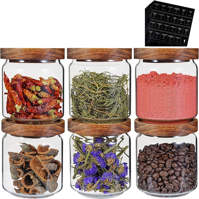 Patoper Small Glass Jars with Labels Spice Jar Round Storage Canister with Wooden Lid Clear Glass Food Jar for Pantry Sugar Tea Coffee Bean Spice Nuts Cookies Bath Salts (6 * 420ml(14oz))