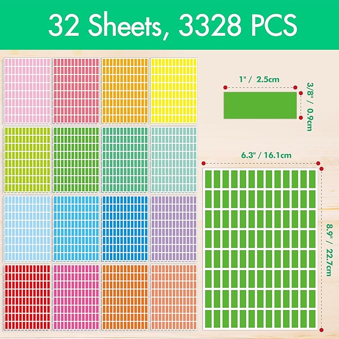 3328 Color Coding Labels, 16 Colors Blank Stickers Mini Rectangular Labels 1” x 3/8” (25 x 10mm), Colored Assorted Sticker for Marking Projects, Boxes, Jars, Storage Containers, Files