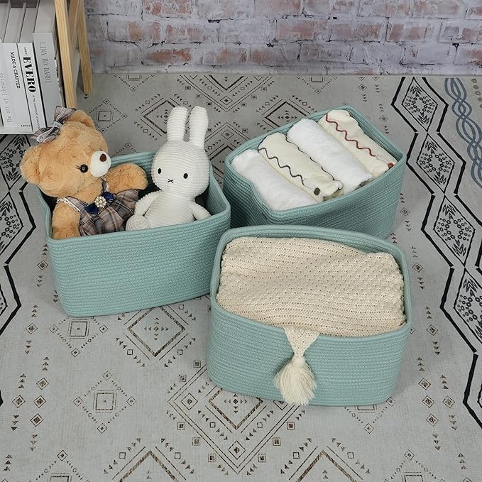 Cotton Rope storage Basket Bins Woven Basket for Organizing Shelves 15X10X9.3" Rectangle Decorative Baskets For storage Clothes Toys Books Towels Nursery basket organizer 3 pack Green