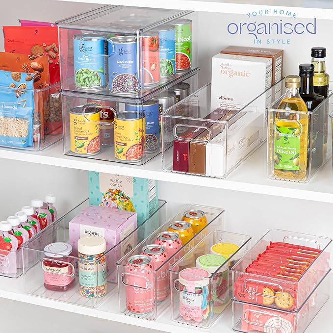 Plastic Food Storage 4 Pack Clear Container Bin with Handles for Organizing Kitchen, Pantry, Refrigerator, Freezer, Pantry, Cabinet, Closet, Bathroom. 16”x6”x5”
