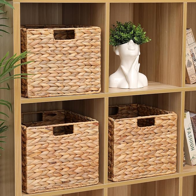 12x12x10 Water Hyacinth Storage Basket Large, Folding Cube Woven Wicker Storage Basket for Shelves, Pantry Baskets Organization and Storage, Large Rattan Basket Set of 4
