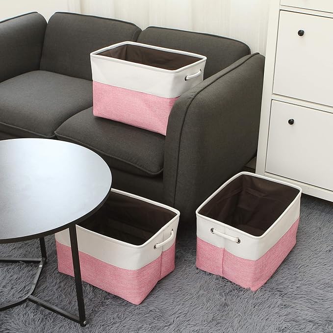 Sea Team 3-Pack Large Storage Basket Set, Trunk Organizer, Clothes Toys Bin, 15 x 10 x 10 Inches, Big Rectangular Canvas Fabric Collapsible Shelf Box with Handles for Kids Room (Pink/White)