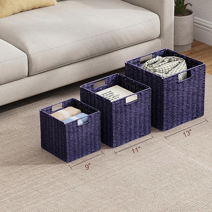 Vagusicc Wicker Storage Basket, Set of 2 Hand-Woven Paper Rope Wicker Basket, Foldable Cube Storage Bins, 9 inch Square Storage Baskets for Organizing Shelves & Decor, Purple (9″×9″×9″)