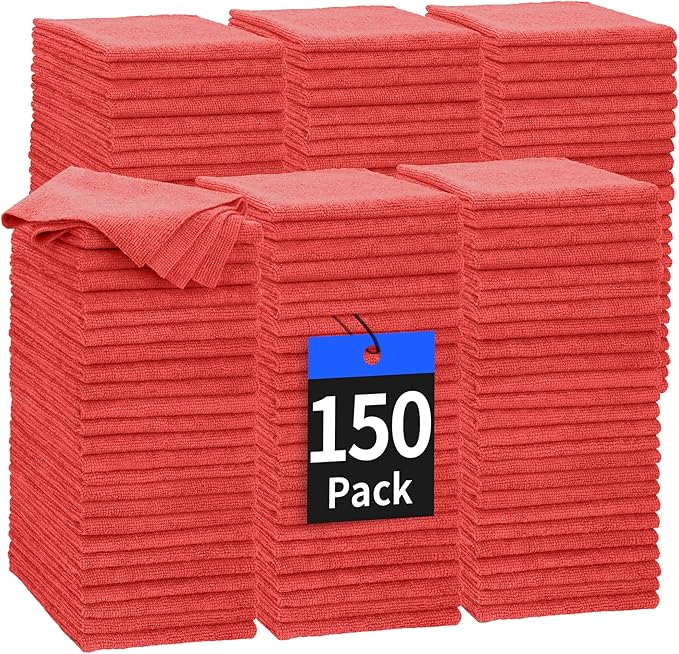 HOMERHYME Microfiber Cleaning Cloth, 150 Pack Cleaning Rags Microfiber Towel Bulk Absorbent Lint-Free WashCloths, All-Purpose Towels for Cars, Shop, Automotive, Garage, Home Kitchen 11.5"*11.5", Red