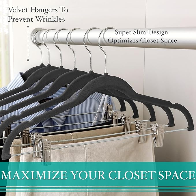 Simplify 60 Pack Velvet Hangers with Clips | Skirt and Pants | Slim Space Saving | Closet Organization | Non-Slip | Prevent Creases | Swivel Neck | Durable | Black