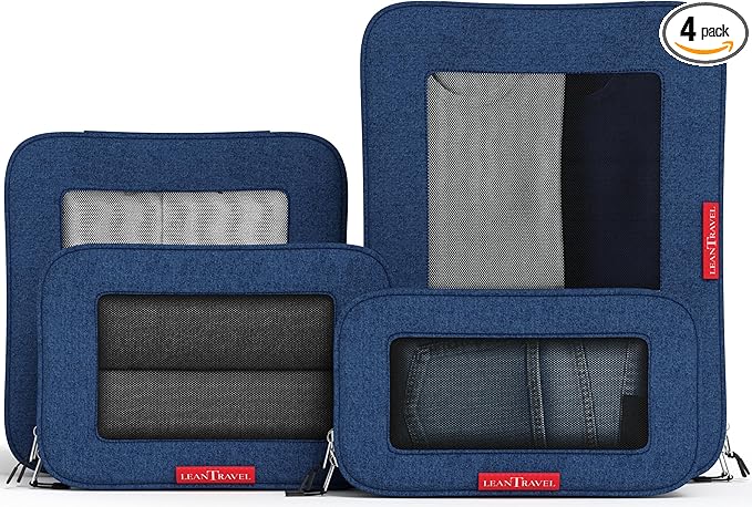 LeanTravel Compression Packing Cubes for Travel Organizers with Double Zipper 4 pack - Navy Color