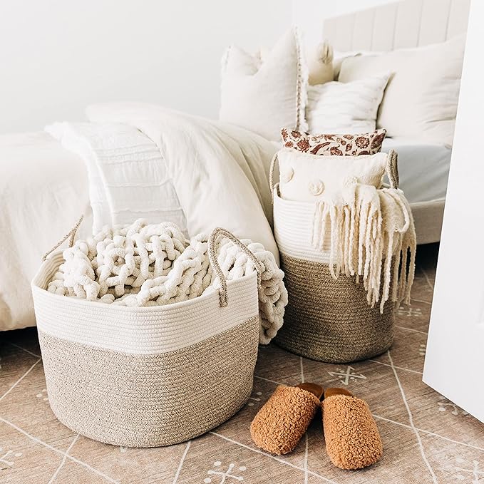 OrganiHaus Large Woven Storage Basket for Blankets and Toys 20" x 13" Inch, Rope Laundry Basket with Handles, Cushions & Pillows Storage Bin, Nursery Hamper, Soft Round Dog Toy Bin - Brown/Off-White