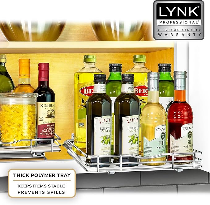 LYNK PROFESSIONAL® Pull Out Spice Rack Organizer for Inside Kitchen Cabinets - 12-3/8 inch Wide - Slide Out Drawer – Chrome Sliding Spice Organization for cabinet - Spice Racks - 1 Tier