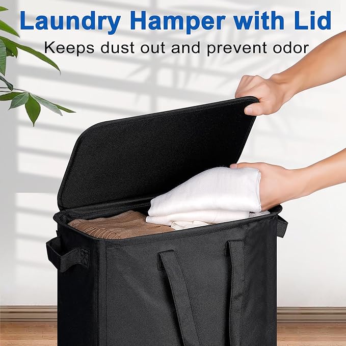 Slim Laundry Hamper with Lid and Wheels, Small Rolling Laundry Basket with Handle for Small Spaces, Tall Dirty Clothes Hampers for Dorm, Bathroom and Bedroom, 55L, Black