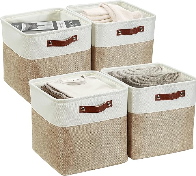 DECOMOMO Storage Cubes, 11x11 Cube Storage Bins, Baskets for Shelves (Beige & White, 4 Pack)