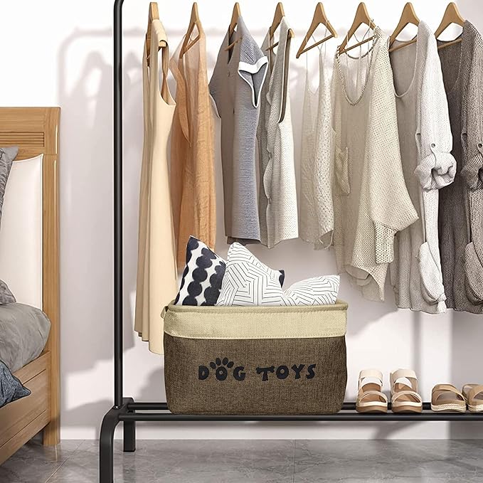 PET ARTIST Dog Toy Basket, Collapsible Dog Toy Bin Box with Comfortable Handles, Large Pet Toy Storage Organizer for Accessories, Toys, Coat & Clothing, Blanket & Leash, Brown, 15"x11"x9"