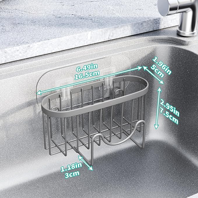 HapiRm Sponge Holder for Kitchen Sink - Sink Caddy with Unique M-Shaped, 2 Installation Methods Kitchen Organizer, Rustproof Stainless Steel Sponge Caddy - Grey