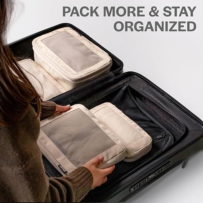 Aerotrunk Compression Packing Cubes for Travel - Luggage Organizer Bags - Double Zipper Packing Cubes for Suitcases (4-Pack, Light Grey)