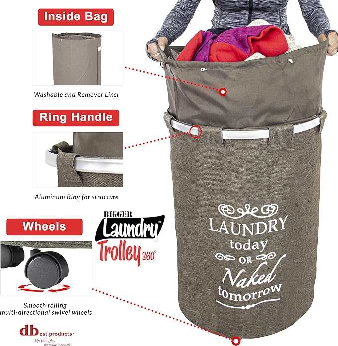 dbest products Bigger Laundry Trolley 360 Rolling Hamper Basket on wheels Bag Cart Large Capacity with Removable Liner for Dirty Clothes Drawstring Cover 4 Swivels, Brown